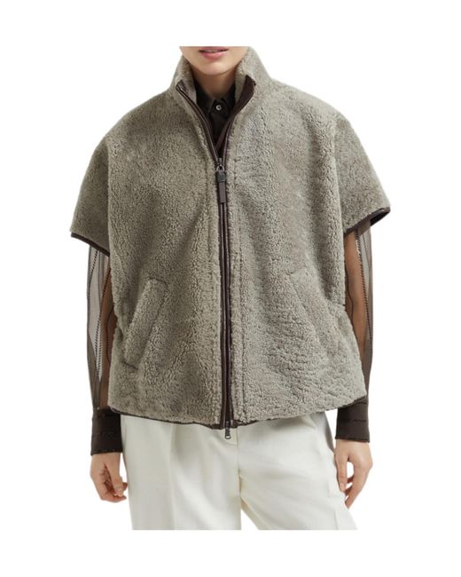 Brunello Cucinelli Gray Monili Chain-Detail Shearling Jacket