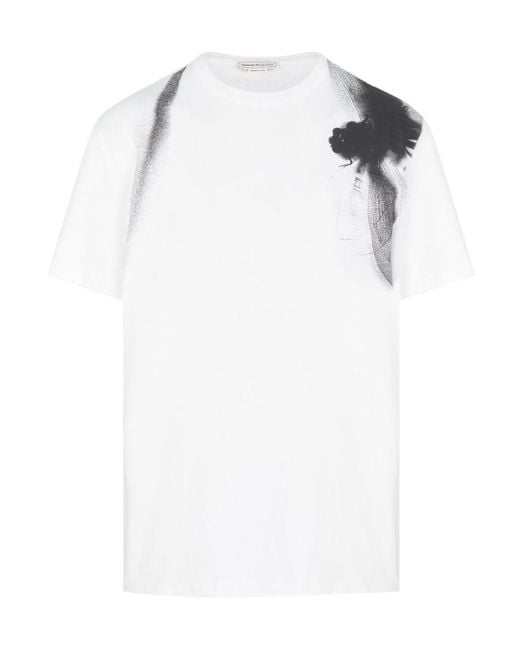 McQueen White Dragonfly-Printed Crewneck T-Shirt for men