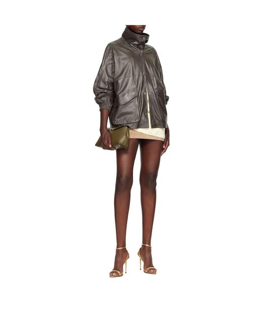 Nour Hammour Gray Stand-Collar Leather Jacket