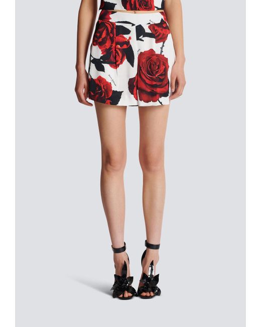 Balmain Red Rose Printed Satin Shorts