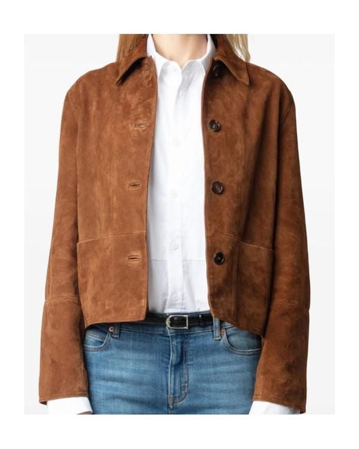 Zadig & Voltaire Brown Lapel Long Sleeve Leather Jacket