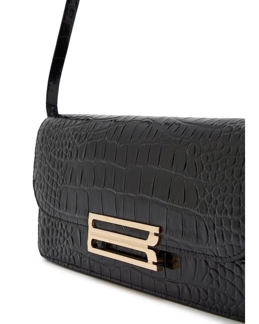 Victoria Beckham Black Crocodile-Pattern Leather Clutch
