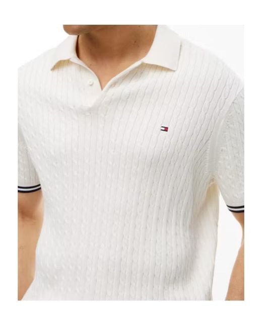 Tommy Hilfiger White Cable-Knit Polo Sweater for men