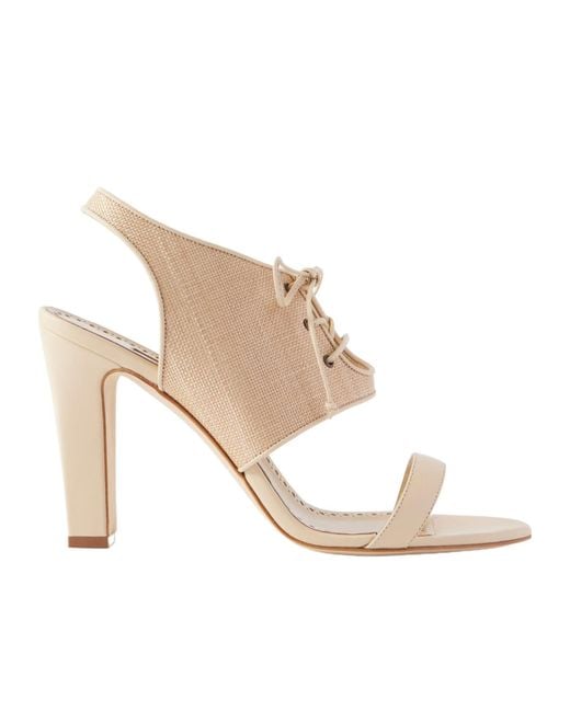 Manolo Blahnik White Goupil 105 Leather-Trimmed Raffia Sandals