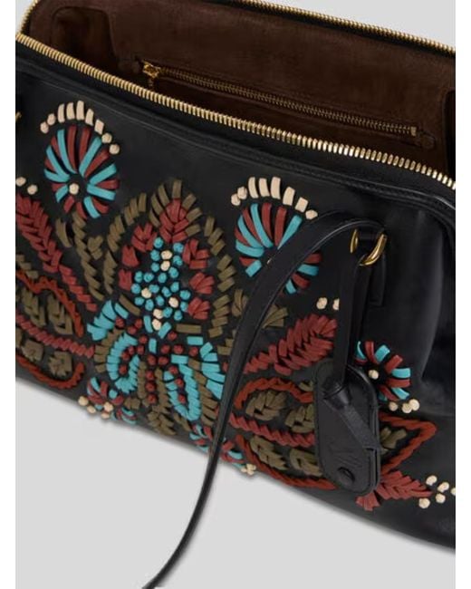 Etro Black Medium Leather Doc Shoulder Bag With Embroidery