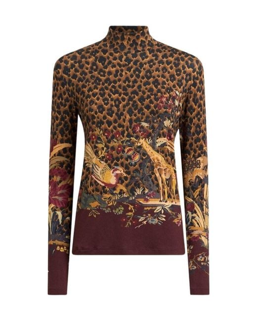 Etro Brown Leopard-Print Floral-Print Top