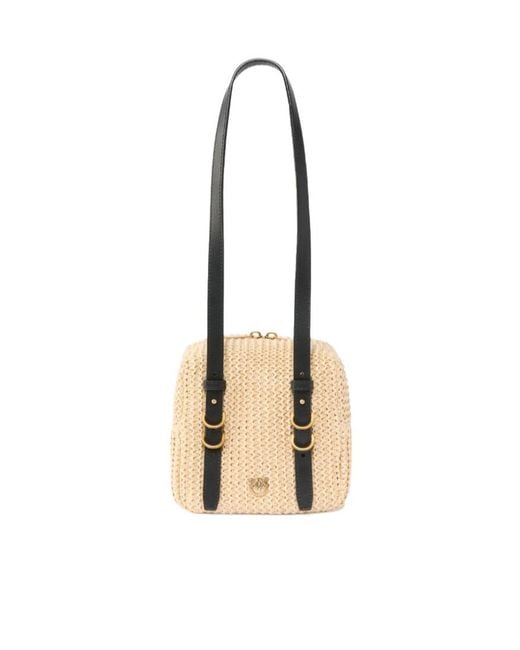 Pinko Metallic Logo Plaque Wovened Shoulder Bag