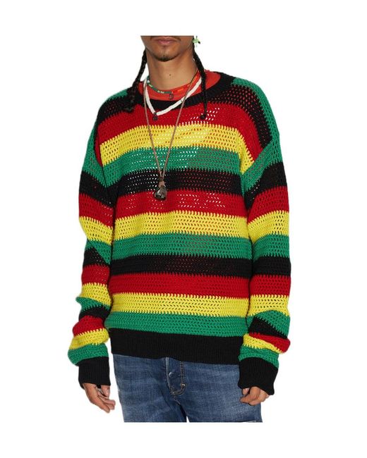 DSquared² Black Open-Knitted Striped Jumper for men