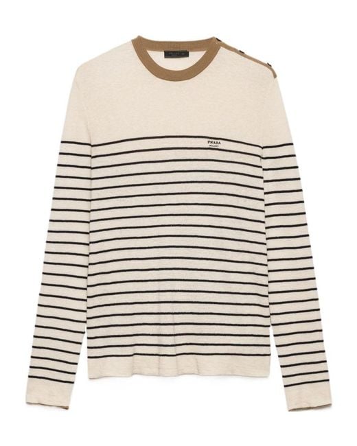 Prada White Crewneck Striped Jumper for men
