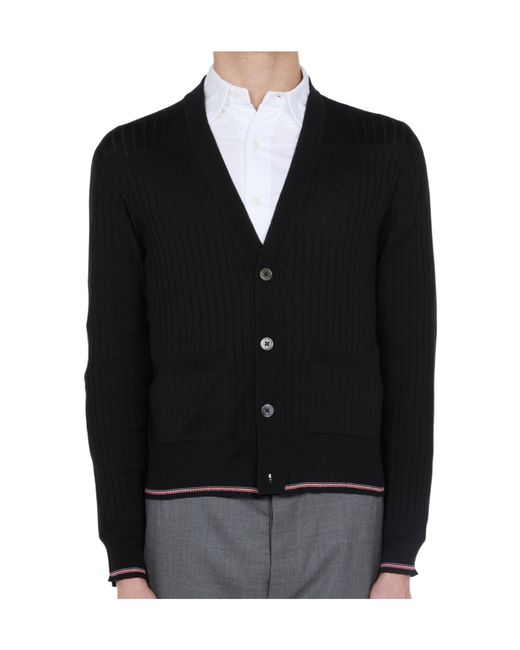 Thom Browne Black Rib-Stitch Rwb-Stripe Cardigan for men