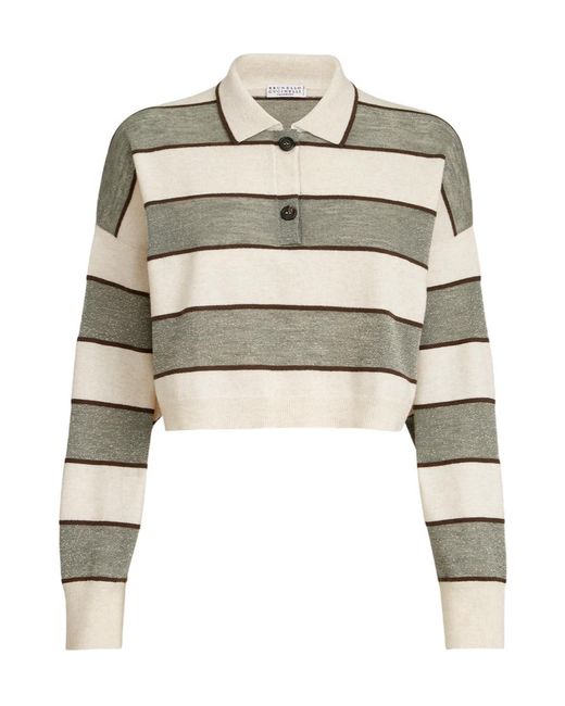 Brunello Cucinelli White Sparkling Striped Cropped Knit Polo Shirt