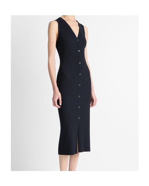 Vince Blue Ribbed Cotton-Blend Button-Front Dress