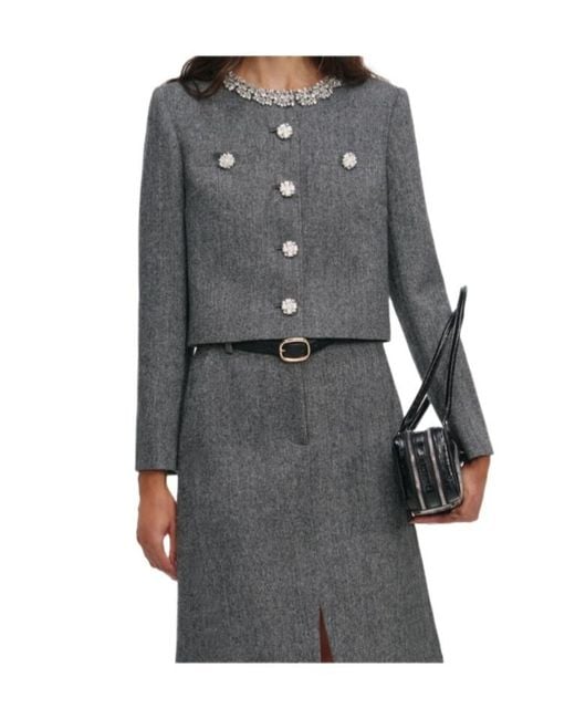 Self-Portrait Gray Herringbone Embellished Trim Jacket