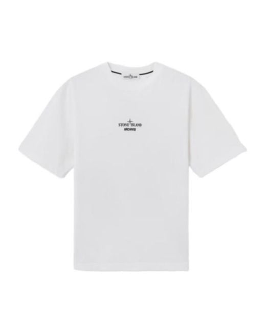 Stone Island White Logo Printed Crewneck T-Shirt for men