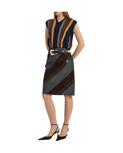Versace Brown Panelled Leather And Mohair-Blend Knee-Length Skirt