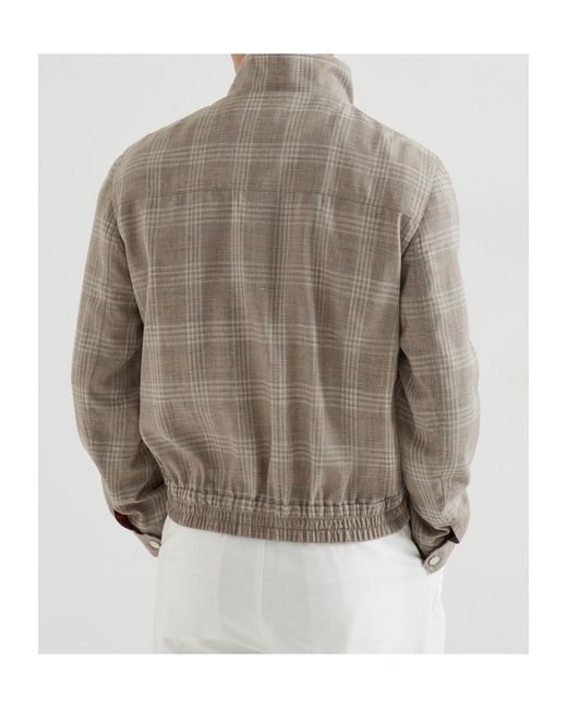 Brunello Cucinelli Brown Tartan Stand Collar Jacket for men