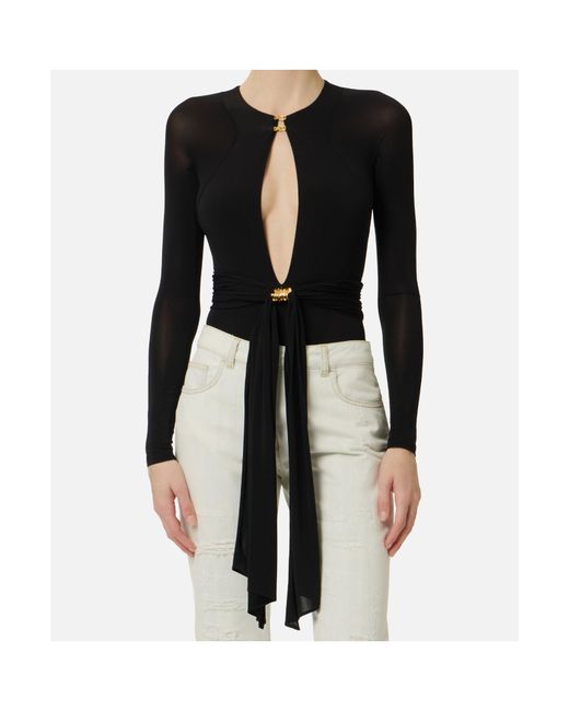 Elisabetta Franchi Black Cut-Out Long-Sleeve Bodysuit Top