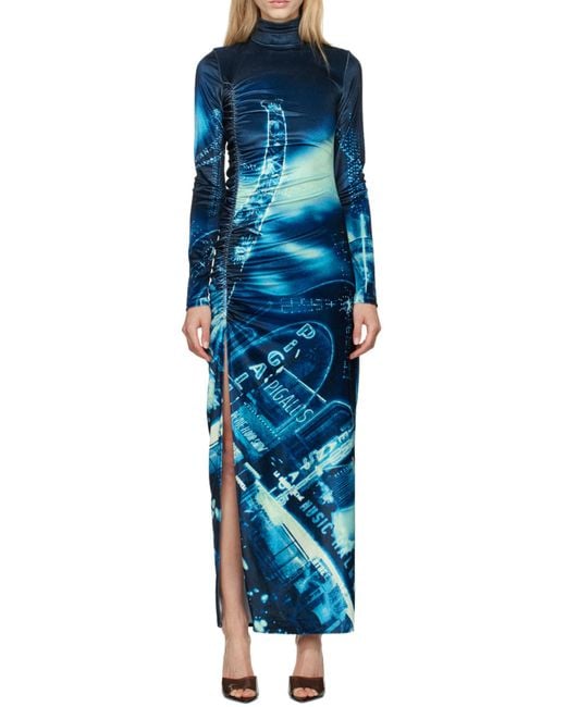 Jean Paul Gaultier Blue Pigalle Printed Gathered Velvet Dress