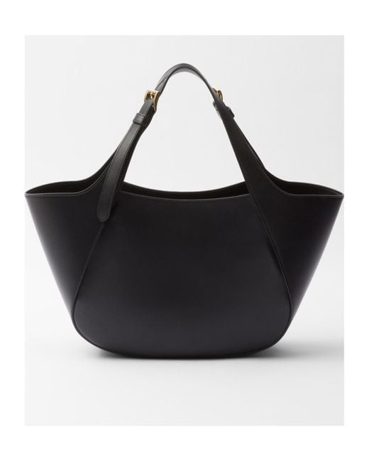 Prada Black Medium Enamel Triangle Logo Leather Tote Bag