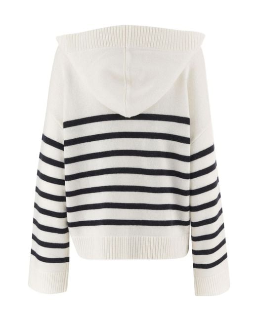 Allude White Striped Hooded Sweater