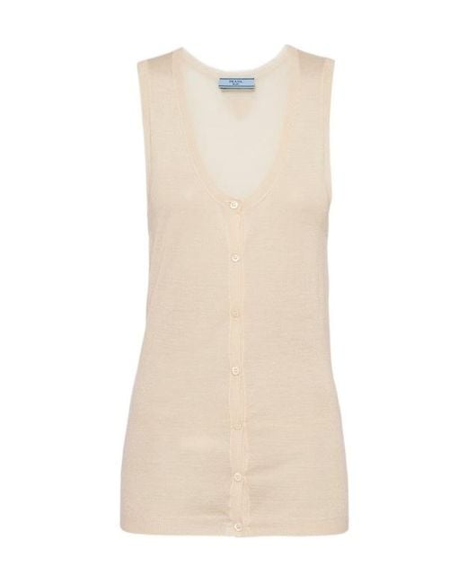 Prada Natural V-Neck Buttoned Tank Top