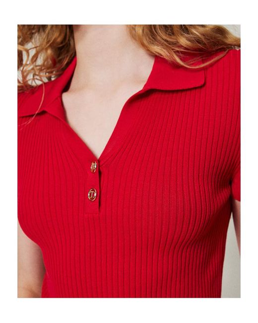 Twinset Red Fine Ribbed Polo Top