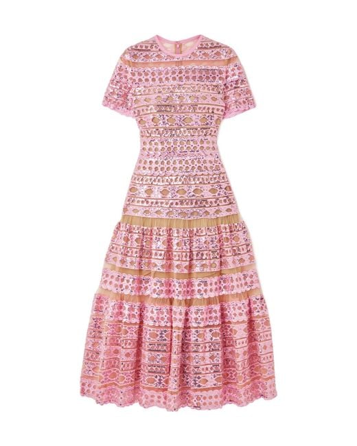 Elie Saab Pink Tiered Embroidered Sequined Tulle Midi Dress