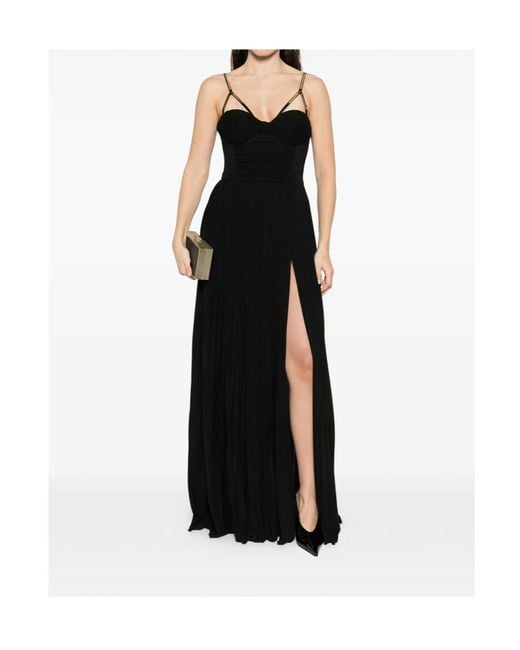 Elisabetta Franchi Black Pleated Spaghetti Strap Maxi Dress