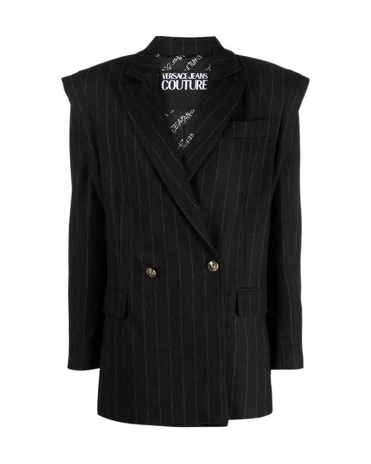 Versace Jeans Black Couture Pinstriped Double-Breasted Tailored Blazer