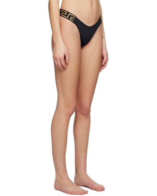 Versace Black Greca-Pattern Printed Thong Bikini Bottoms