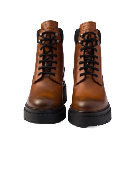Prada Brown Logo-Debossed Lace-Up Ankle Boots