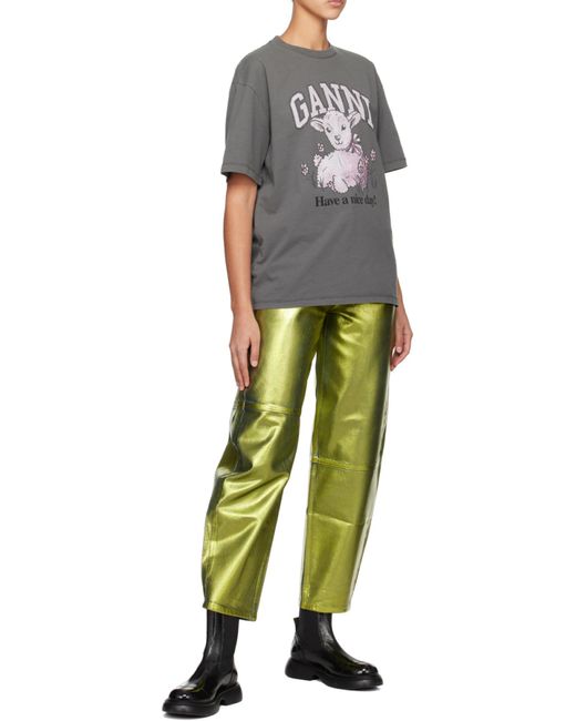 Ganni Gray Logo Printed Crewneck T-Shirt