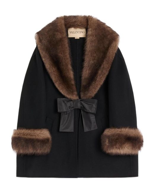 Valentino Black Compact Drap Caban With Shearling