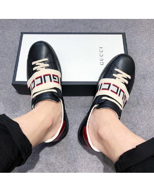Gucci Black And Cream Logo Stripe Leather Sneaker for men
