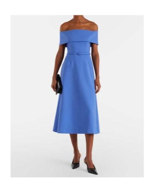 Carolina Herrera Blue Belted Wool-Blend Midi Dress
