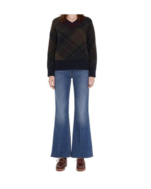 Barbour Blue Shae V-Neck Tartan Jumper