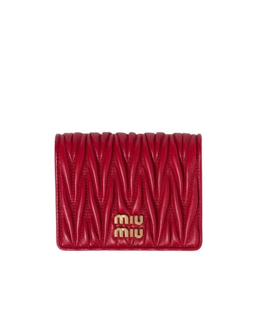 Miu Miu Red Logo-Lettering Matelassé Bi-Fold Wallet