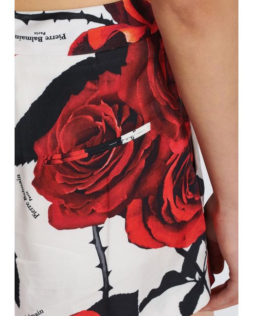 Balmain Red Rose Printed Satin Shorts