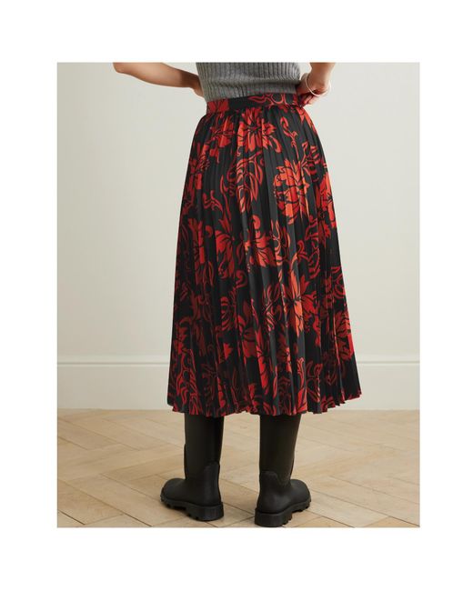 Sacai Red Pleated Floral-Print Satin Midi Skirt