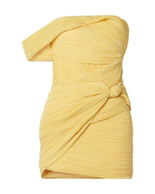Cult Gaia Yellow Ahra Off-Shoulder Pleated Mini Dress