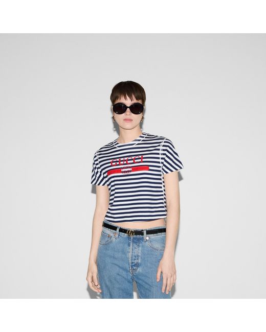 Gucci Blue Logo Printed Striped T-Shirt
