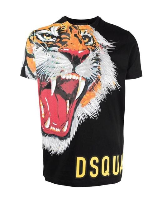 DSquared² Black D2 Lrg Tiger Prnt Ss Tee Blk for men