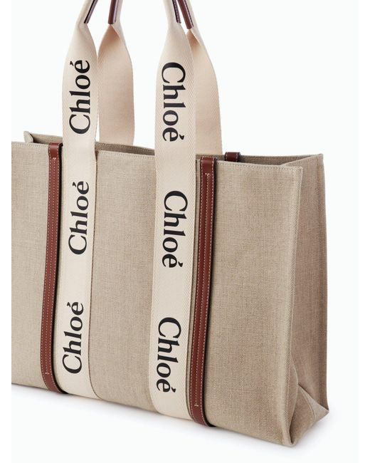 Chloé Natural Chloé Woody Logo Tape Large Tote Bag
