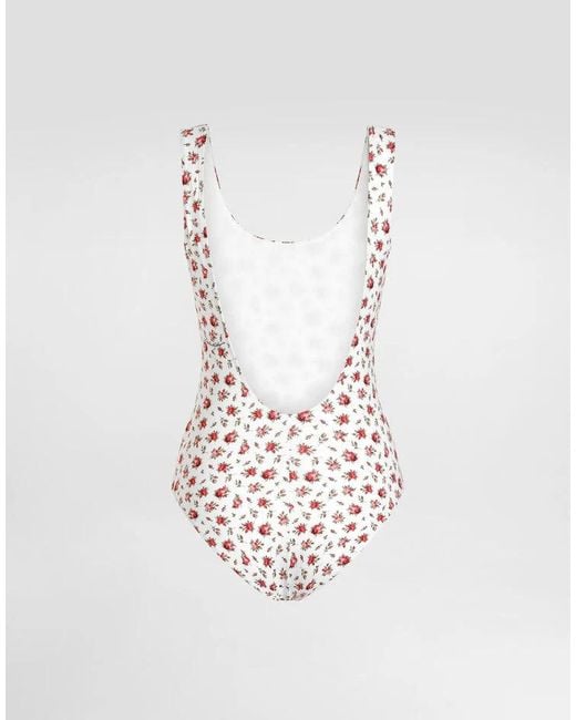 Dolce & Gabbana White Small Rose-Printed One-Piece Swimsuit