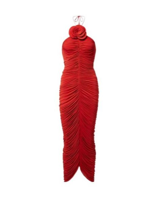 Magda Butrym Red Floral-Applique Ruched Jersey Midi Dress