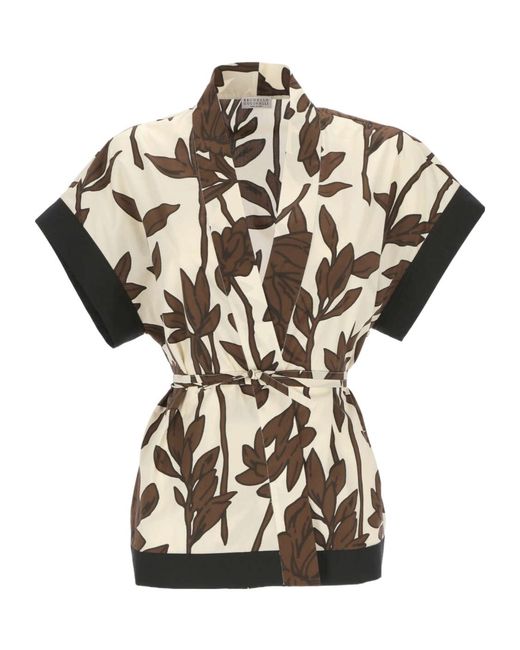 Brunello Cucinelli Multicolor Leaf-Printed V-Neck Blouse