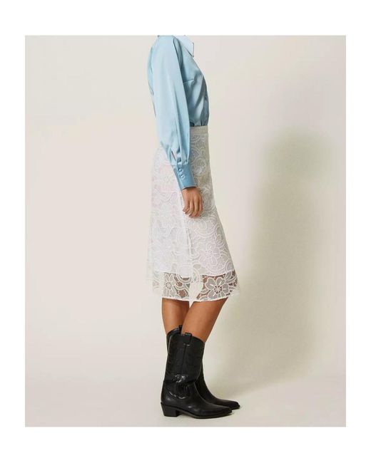 Twinset White Floral-Lace Midi Skirt