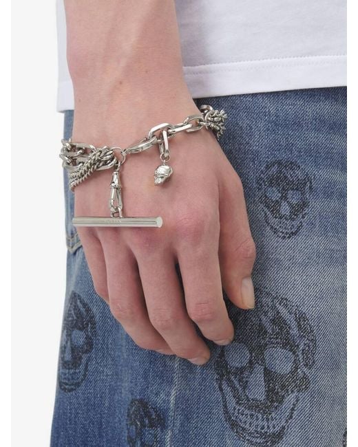 McQueen Metallic Sling Cross-Bar Chain-Detailed Bracelet for men