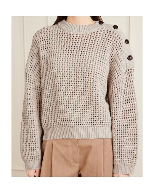 Brunello Cucinelli Brown Button-Detail Waffle-Knit Sweater