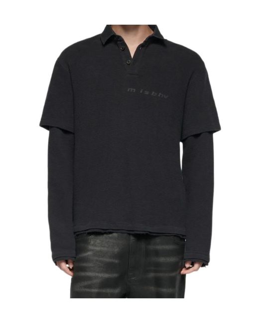 M I S B H V Black Graphic Layered Long-Sleeved Polo Shirt for men